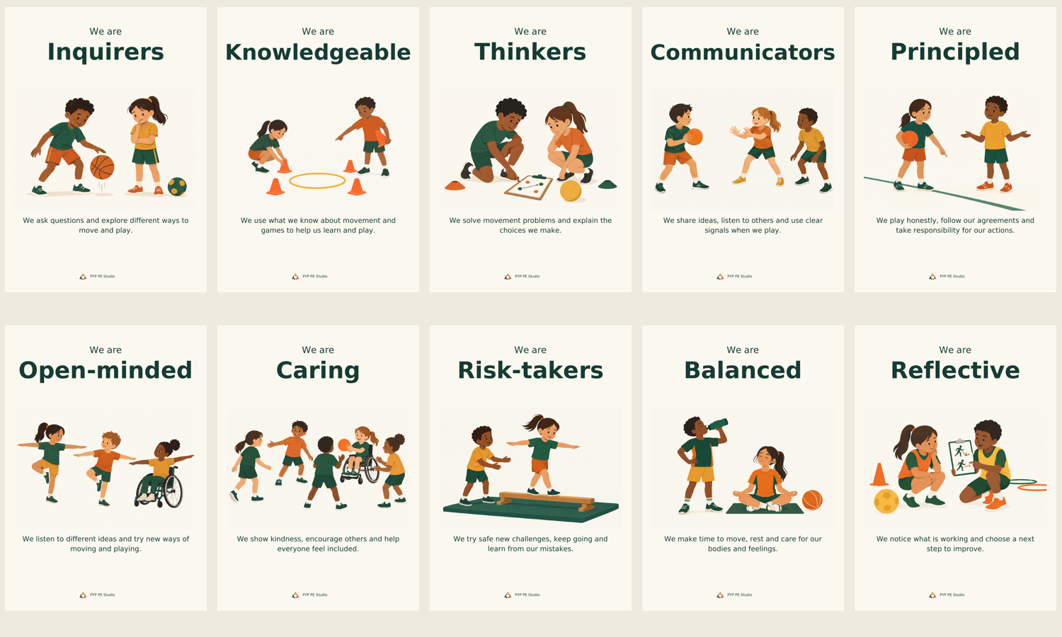 Ten matching Learner Profile posters showing the attributes through PE actions